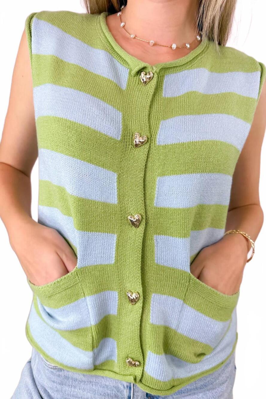 NEW &MERCI women's heart of gold button vest in avocado blue